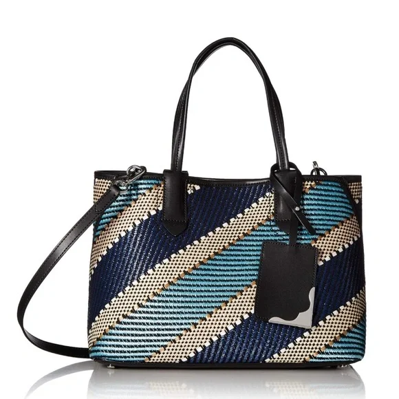 CALVIN KLEIN Jacky Raffia Straw Slouchy Tote Blue Gold Multi Bag AUTHENTIC NWT